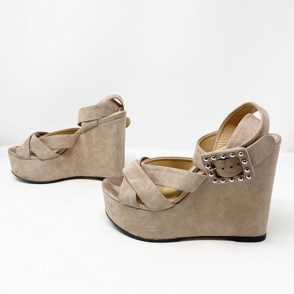 Sergio Rossi Elettra Tan Suede Studded Buckle Wedge Sandals Sz 38 (8) - Picture 1 of 9